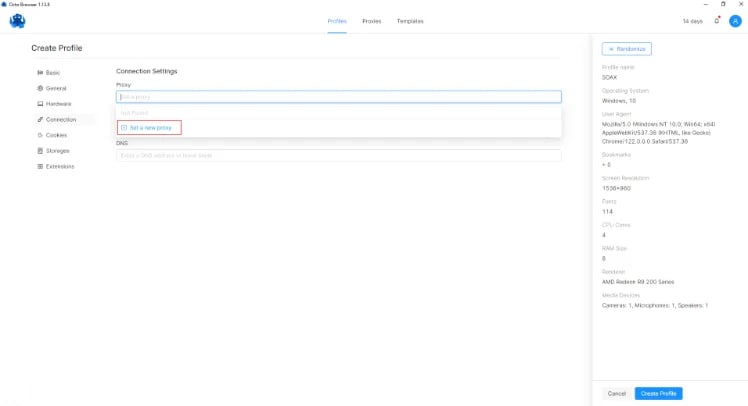 octobrowser - create new proxy